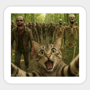 Funny Scared Cat Selfie of Zombies and Skeletons Stampeding Horde Sticker